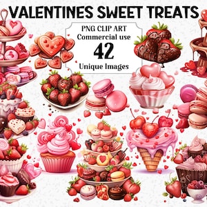 Clipart aquarelle de gourmandises sucrées de la Saint-Valentin, décorations artisanales, téléchargement immédiat, utilisation commerciale, lot de sublimation PNG alimentaire rose transparent