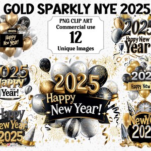Złoty błyszczący NYE 2025 Clipart - Noworoczne przyjęcie akwarelowe, natychmiastowe pobieranie, komercyjne wykorzystanie, przezroczysty pakiet sublimacji PNG