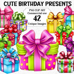 Niedliche Geburtstag Geschenke Clipart, Spaß helle Cartoon Stil Geschenke Sofort-Download, kommerzielle Nutzung, lebendige transparente PNG Sublimation Bündel
