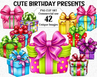 Cute Birthday Presents Clipart, Fun Bright Cartoon Style Gifts Instant Download, Commercial use, Vibrant Transparent PNG Sublimation bundle