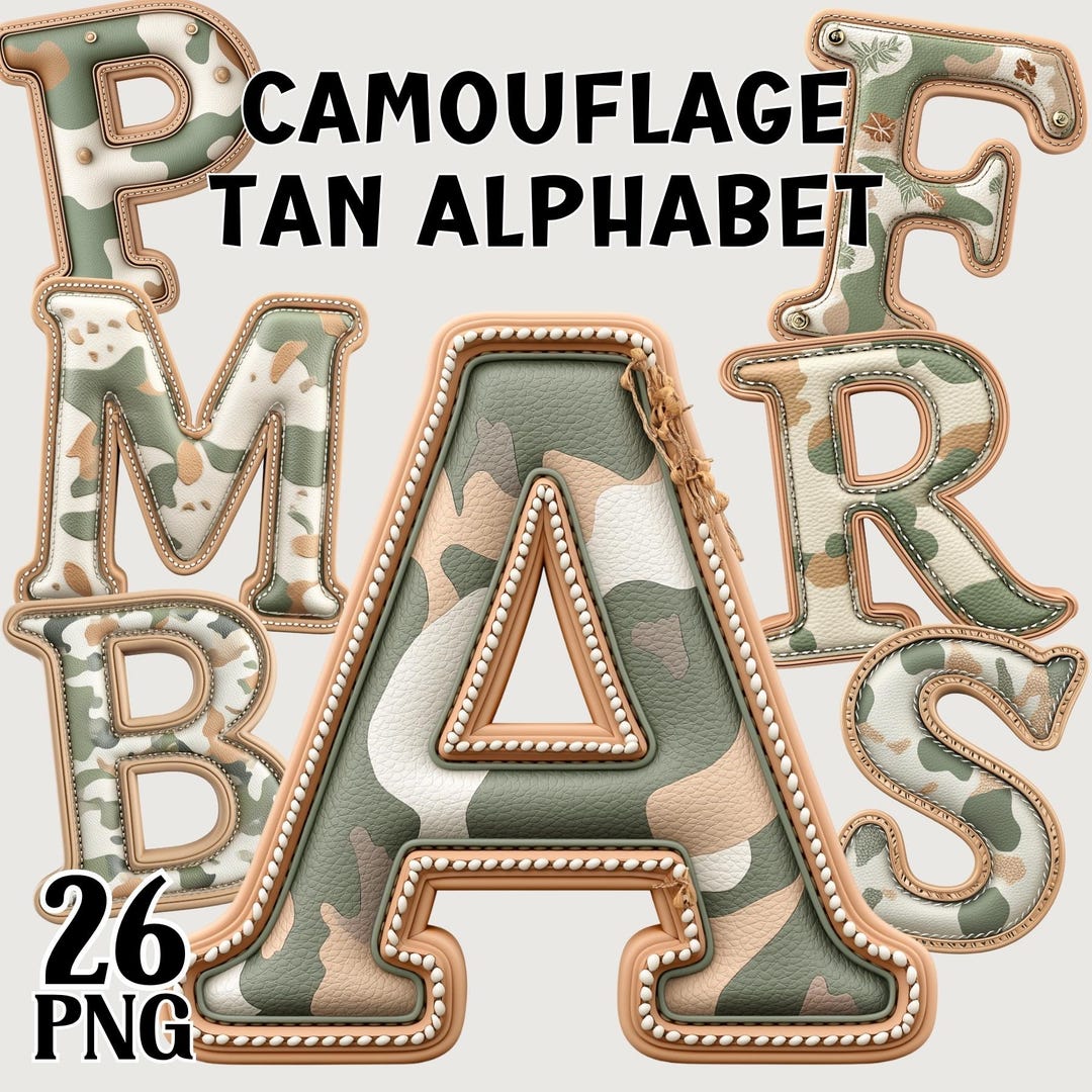 Tan Lettering Color Camouflage Tan Alphabet Letters, Faux Leather Print Font Clipart, A-Z ...