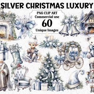 シルバークリスマスの高級水彩クリップアートデコレーションバンドル、デジタル＆ペーパークラフト、即時ダウンロード、商用利用可、透明なクリスマスPNG