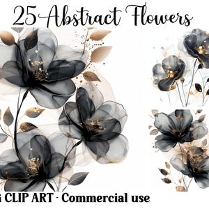 Flores abstratas, preto e dourado, 25 clipart em aquarela, artesanato floral digital/em papel | Fundos para download instantâneo, pacote JPG para uso comercial