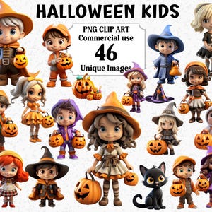 Estilo 3D Lindo Pequeño Halloween Niños Niños Clipart, Uso comercial Spooky Niños Niñas Niños Sublimación transparente Paquete de gráficos PNG