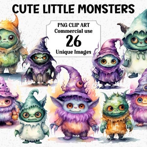 Clipart acquerello di simpatici mostri, sublimazione di lavori artigianali digitali/cartacei, bundle di download digitale, uso commerciale, PNG trasparenti