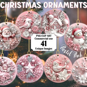 3D-Effekt niedlichen rosa Weihnachten Kreis Ornamente, Sofortiger Download Pastell Runde kommerzielle Cliparts Transparent, Weihnachten PNG Sublimation Bundle