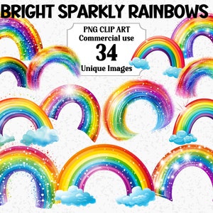 Clipart de acuarela con arcoíris brillantes y brillantes, manualidades digitales y en papel, descarga instantánea, uso comercial, paquete de sublimación PNG transparente