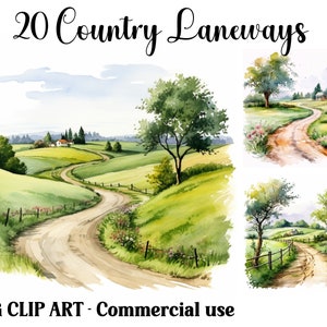 Cenas de clipart de aquarela de vielas rurais, artesanato digital e em papel, fundos de paisagens de estradas para download instantâneo, pacote JPG para uso comercial