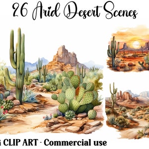Escenas del desierto árido Acuarela Cactus Clipart, Artesanía digital, Descarga instantánea Country Landscape Cacti fondos Uso comercial Paquete JPG