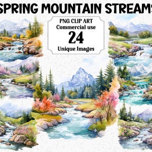 Lente bergbeekjes clipart aquarel natuur landschap scènes Instant digitale download commerciële transparante PNG sublimatie bundel