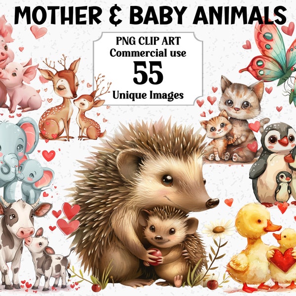 Mother & Baby Animals Watercolor Clipart, Mom Mum dog cat duck lion tiger, Instant Download Commercial Transparent PNG sublimation bundle