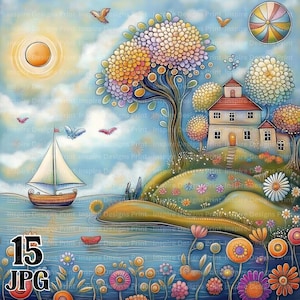 Scene fluviali bizzarre Clipart Sfondi colorati e stravaganti sul lungomare Carta digitale Download istantaneo Pacchetto JPG commerciale di Lakeside Whimsy