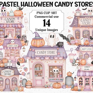 May include: Watercolor illustration of pastel Halloween candy stores. The image features multiple candy stores with pumpkins, ghosts, bats, and skeletons. Text on the image reads "PASTEL HALLOWEEN CANDY STORES", "PNG CLIP ART Commercial use", and "14 Unique Images".