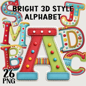 Op de afbeelding: Kleurrijke 3D-alfabetletters in verschillende kleuren, waaronder rood, groen, blauw en geel. Elke letter heeft een gestikte, leerachtige uitstraling met decoratieve accenten. De afbeelding bevat de tekst "BRIGHT 3D STYLE ALPHABET" en "26 PNG".