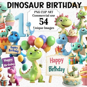 Dinosaurier Geburtstag Clipart niedlich 3D Stil Mädchen & Jungen Dino Party Sofort Download Geschenke kommerzielle lebendige transparente PNG Sublimation Bundle