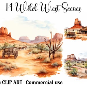 Wild Westen Szenen Aquarell Clipart, Digital & Papier Handwerk, sofortiger Download saisonale Wüste Hintergründe, kommerzielle Nutzung JPGs