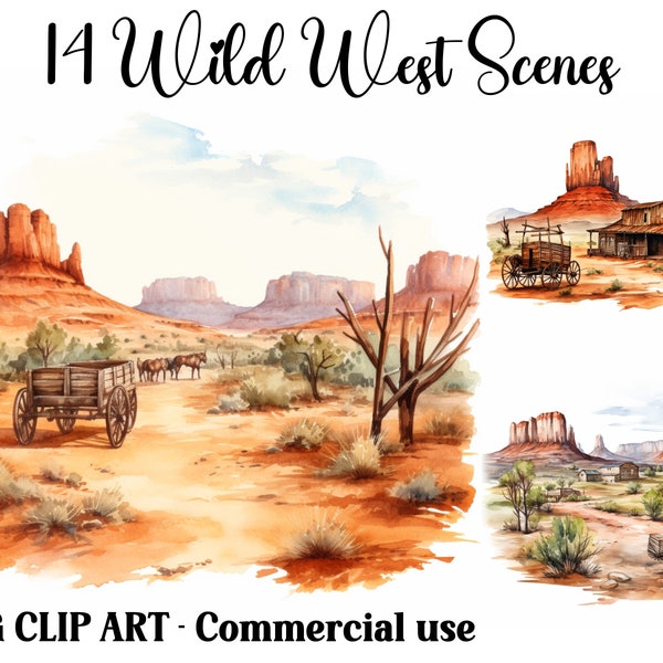 Wild West Scenes Watercolor Clipart, Digital & Paper Craft, Instant Download seasonal desert backgrounds, Commercial use JPGs