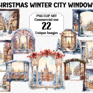 Boże Narodzenie Zima Miasto Okna Akwarela Clip Art Sceny, Rzemiosło Scrapbooking Dekoracje, Pobierz Komercyjne użycie Przezroczyste PNG clipart