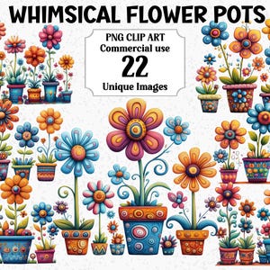 Puede incluir: Una colección de macetas caprichosas en varios colores, incluyendo naranja, azul y rosa. La imagen presenta 22 imágenes únicas de flores en macetas decorativas. El texto en la parte superior dice "WHIMSICAL FLOWER POTS".