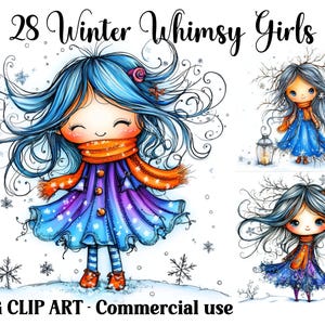 28 Winter Whimsy Girls Clipart, Cyfrowe/Papierowe Karty Rzemieślnicze, Natychmiastowe Pobieranie Sezonowych Zabawnych Dziewczyn, Urocze Tła Komercyjne Wykorzystanie JPG Bundle
