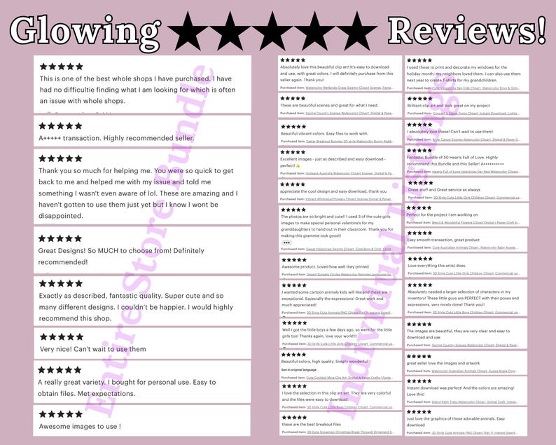 May include: A collage of customer reviews for a digital shop selling clipart and digital images. The reviews are all positive and highlight the quality of the products, the ease of use, and the variety of designs available. The reviews are accompanied by five-star ratings.