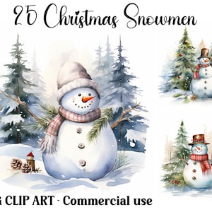 Kerstsneeuwpoppen wintertaferelen aquarel clipart, Digital & Paper Crafts, Instant Download seizoensgebonden kerst achtergronden, commercieel gebruik JPG's