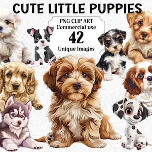 Imágenes prediseñadas de acuarela de cachorros adorables, animales de dibujos animados, descarga instantánea de cachorros sentados, paquete comercial de sublimación PNG transparente.