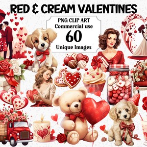 Clipart aquarelle rouge et crème pour la Saint-Valentin, fleurs de coeurs d'amour, téléchargement immédiat, usage commercial, lot de sublimation PNG Transparent