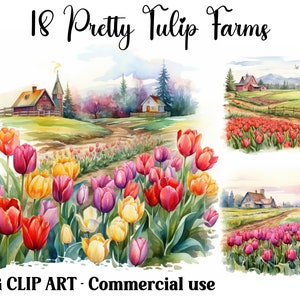 Scene di clipart primaverili dell'acquerello di Pretty Tulip Farms, artigianato digitale/carta, sfondi paesaggistici con download istantaneo, bundle JPG per uso commerciale