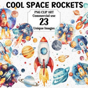 Cool Space Rockets Watercolor Clipart, Instant Download Commercial use, Cute Galaxy Planets Earth Moon, Transparent PNG Sublimation bundle