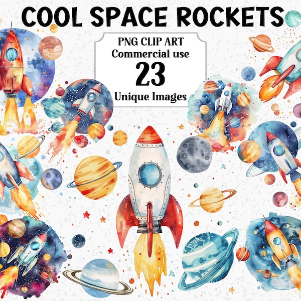 Cool Space Rockets Watercolor Clipart, Instant Download Commercial use, Cute Galaxy Planets Earth Moon, Transparent PNG Sublimation bundle