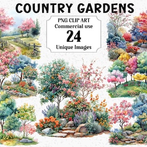 Jardins de campagne aquarelle cliparts scènes de la Nature, allées arbres fleurs téléchargement numérique, tout usage commercial PNG Transparent par sublimation Bundle
