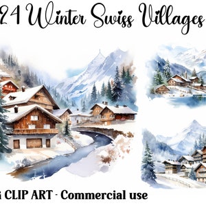 Winter Zwitserse dorpen scènes aquarel clipart, Fantasy Digital & Paper Crafts, Instant Download kerstachtergronden, Commercieel gebruik JPG's