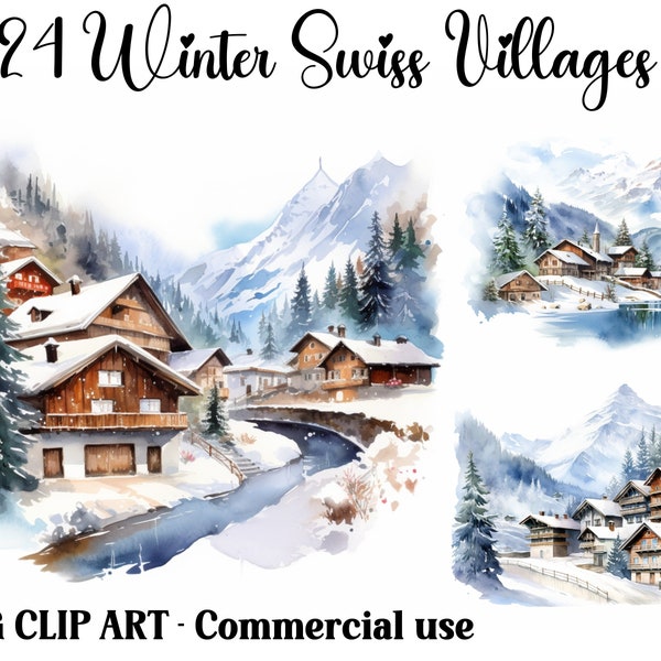 Winter Swiss Villages Scenes Watercolor Clipart, Fantasy Digital & Paper Crafts, Instant Download Christmas backgrounds, Commercial use JPGs