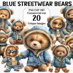Clipart ours streetwear bleu, vêtements en denim aquarelle, graphique à téléchargement immédiat pour anniversaire mignon tout-petit, sublimation PNG Transparent