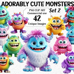 Conjunto de 2 imágenes prediseñadas de monstruos adorables, manualidades digitales/en papel, descarga instantánea divertida y vibrante, uso comercial, paquete de PNG de sublimación transparente