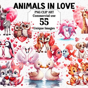 Animaux amoureux des cliparts aquarelle, artisanat de cartes de Saint-Valentin, téléchargement immédiat animaux de compagnie usage commercial PNG transparent sublimation Bundle
