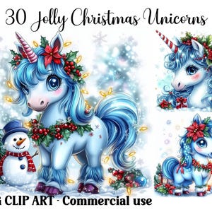 Jolly Christmas Unicorns clipart, leuke kaarten maken tijdschriften, instant download winter achtergronden, commercieel gebruik JPG digitale papers bundel
