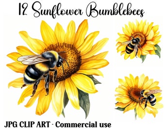 Sunflower Bumblebees Watercolor Clip Art, Fantasy Honeybee Digital & Paper Crafts | Instant Download clipart, Commercial use JPGs