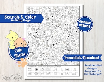 Cats Search & Color Doodles - I SPY Printable Counting Coloring Page for Adults and Kids - Birthday Party Activity Craft Sheet