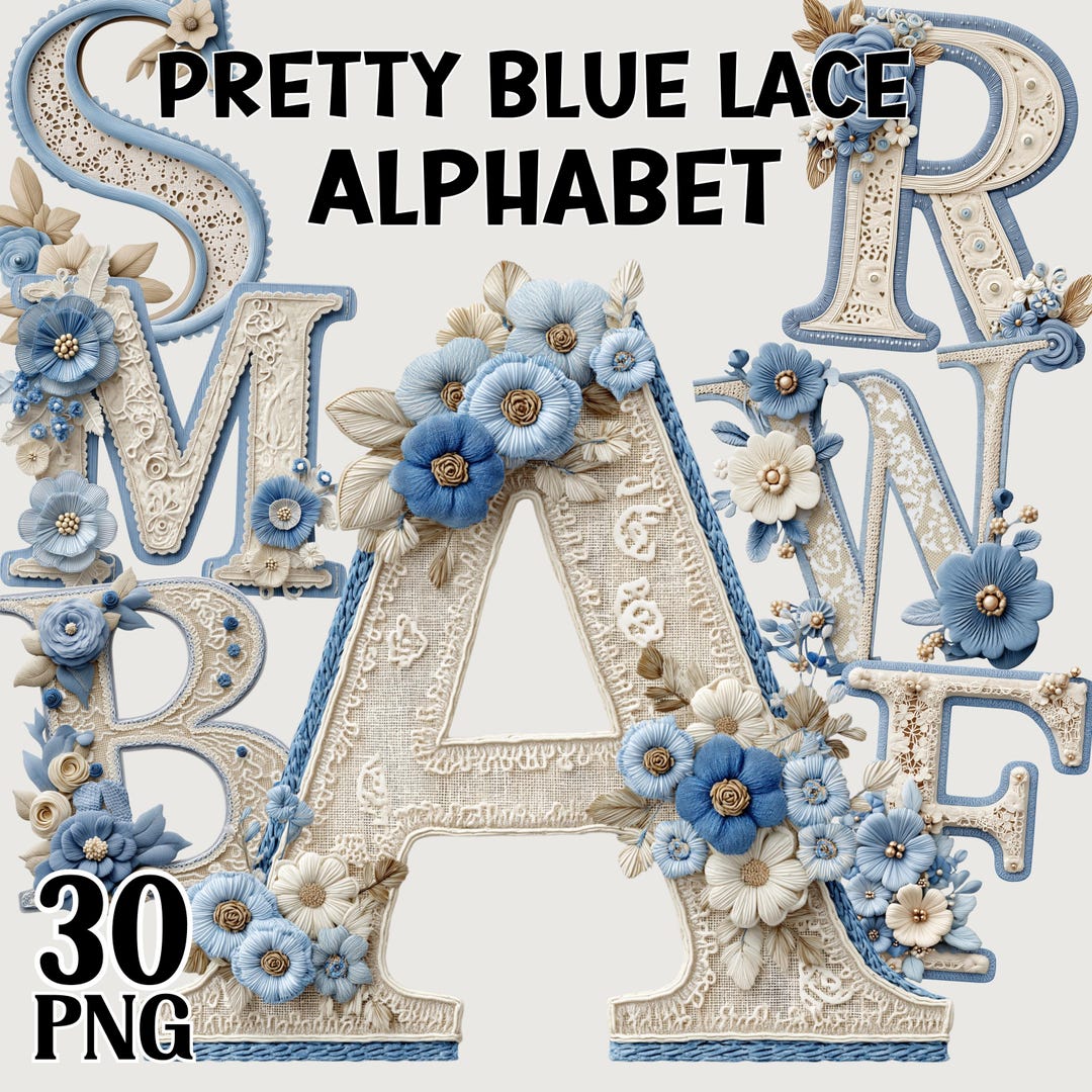 Pretty Spring Letters Pretty Blue Lace Faux Yarn Alphabet Letters, Faux Crotchet Pastel ...