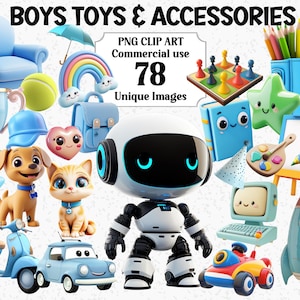 Ensemble de jouets et accessoires pour garçons style 3D, cliparts enfants mignons, usage commercial, voitures, livres, livres, ballons de sport, sublimation PNG transparente