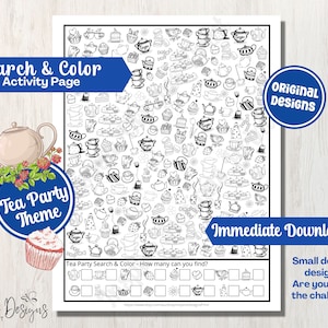 Tea Party Search & Color Doodles - I SPY Printable Counting Coloring Page for Adults and Kids - Birthday Party Activity Craft Sheet