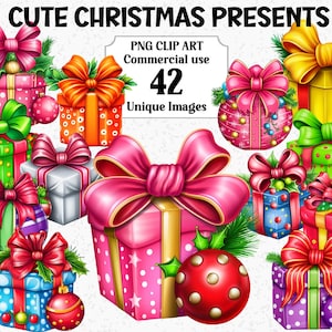 Presentes de Natal fofos clipart, presentes divertidos e brilhantes no estilo dos desenhos animados para download instantâneo, uso comercial, pacote de sublimação PNG transparente vibrante