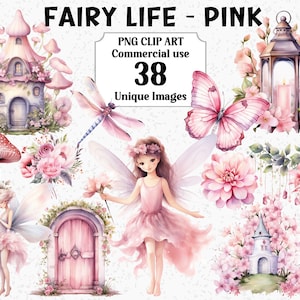 Fairy Life Pink Watercolor Clipart, Digital Craft, Instant Download Komercyjne wykorzystanie Transparent PNG Fairies Houses Flowers Sublimation Bundle