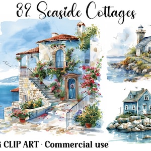 Clipart aquarelles Seaside Cottages, Maisons côtières au bord de l'océan, créations numériques et papier | Arrière-plans à téléchargement instantané, fichiers JPG à usage commercial
