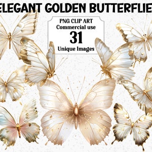 Elegante Borboletas Douradas Clipart, Artesanato Digital, Download Instantâneo, Uso Comercial Transparente PNG Borboleta Insetos Sublimação Pacote