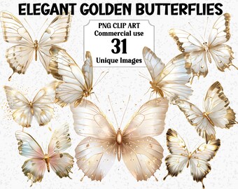 Elegant Golden Butterflies Clipart, Digital Crafts, Instant Download, Commercial use Transparent PNG Butterfly Insects Sublimation Bundle