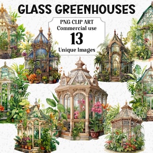 Clipart de aquarela de estufas de vidro, decorações de artesanato de plantas naturais, download instantâneo para uso comercial Pacote de sublimação PNG transparente