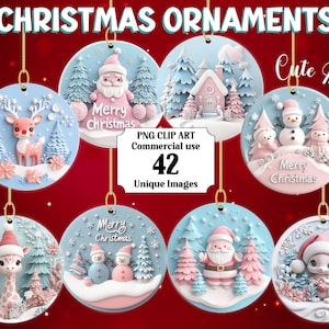 Adornos navideños circulares en tonos azules pastel con efecto 3D, descarga instantánea, comercial, paquete de sublimación PNG transparente para Navidad